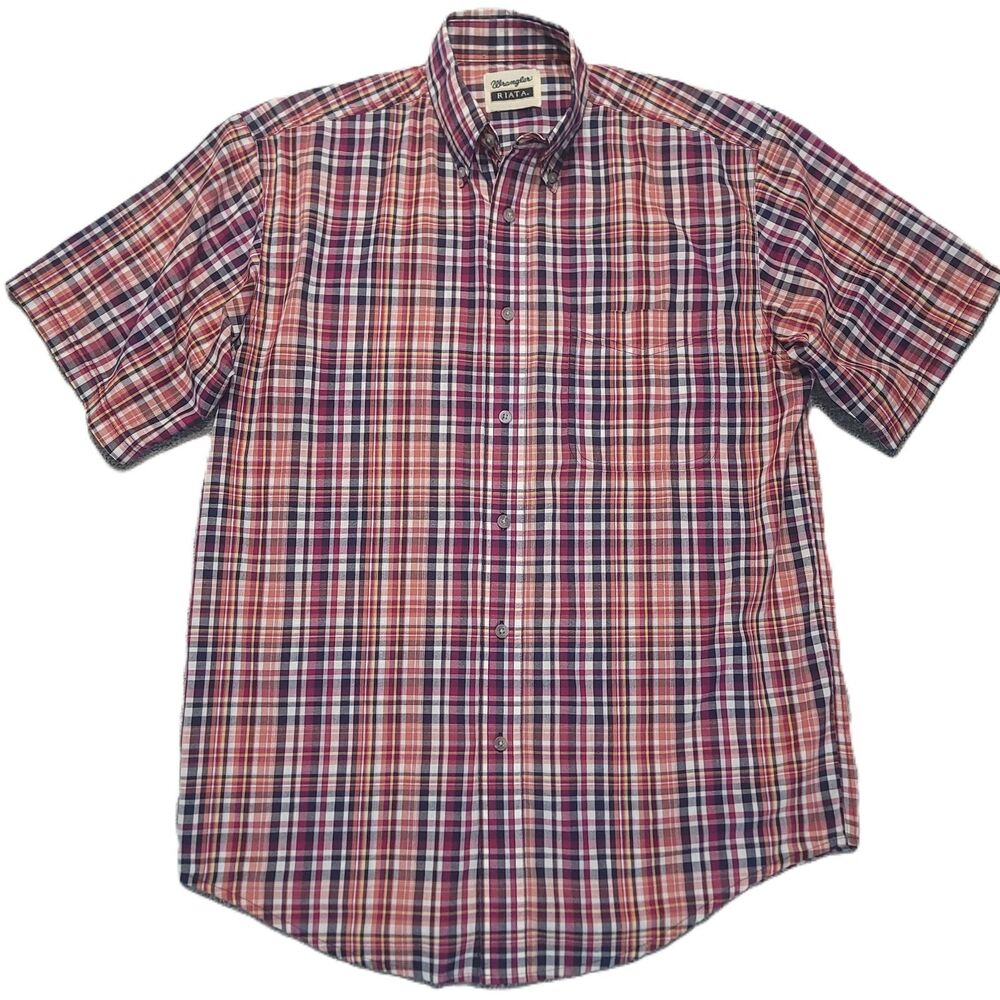 Wrangler Riata Mens M Shirt Button Up Short Sleeve Pocket Plaid Western Cowboy